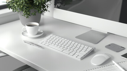 A minimalist desk setup with a coffee cup, plant, and computer accessories.