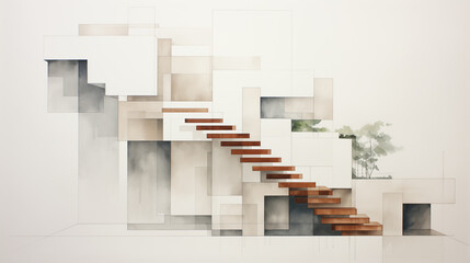 Minimalist geometric staircase in soft earth tones and blue shades: Digital watercolor illustration.
