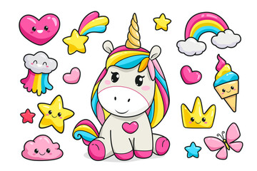 Cute Kawaii stickers collection of funny baby unicorn ice cream, rainbow, cute cloud, happy star, heart, cartoon crown emotions (Doodle vector pattern). Colorful kawaii elements for kids design 