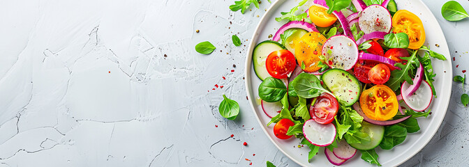 Summer colourful and full of vitamins vegetable salad . on a plate, close-up on a white background. AI generative.