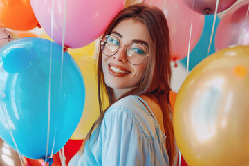 Close-Up Joyous Celebration with Balloons. Cheerful young woman with colorful balloons celebrating a joyous event.