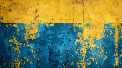 Yellow and blue painted grunge wall background ..