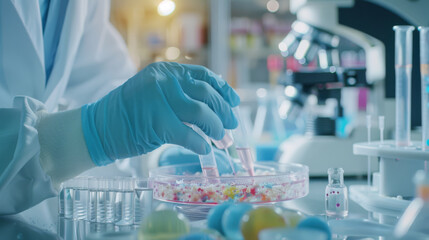 Fototapeta premium Scientist Examining Bacterial Colonies in Petri Dish