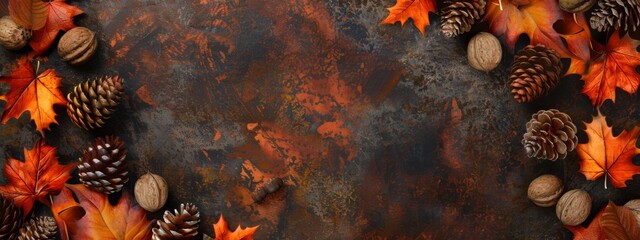 Colorful fall leaves, nuts and pine cones. Bottom border over a rustic dark banner background. Top view with copy space.