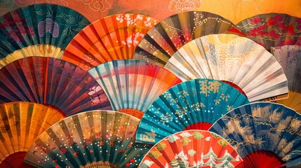 Assorted colorful Japanese fans displayed together