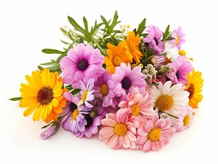 Vibrant assortment of fresh colorful flowers isolated on a white background, symbolizing spring and nature's beauty.