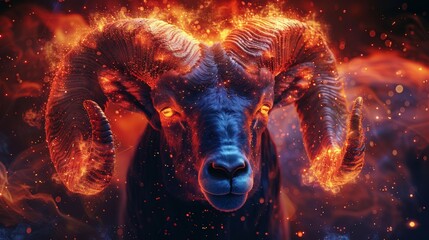 Fiery ram with glowing horns in abstract art style - obrazy, fototapety, plakaty
