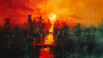 Abstract cityscape with full moon in fiery sky