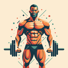 red white black modern style minimalist lines of a strong muscle pose strong body builder anatomy man at gym with bundle Doing exercises in all body positions using different gym equipment - obrazy, fototapety, plakaty