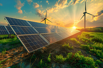 Solar panels with wind turbines on sunrise, eco energy concept.