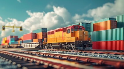 Freight locomotive, railroad, business logistics concept, containers, photo for advertising, free background for text
