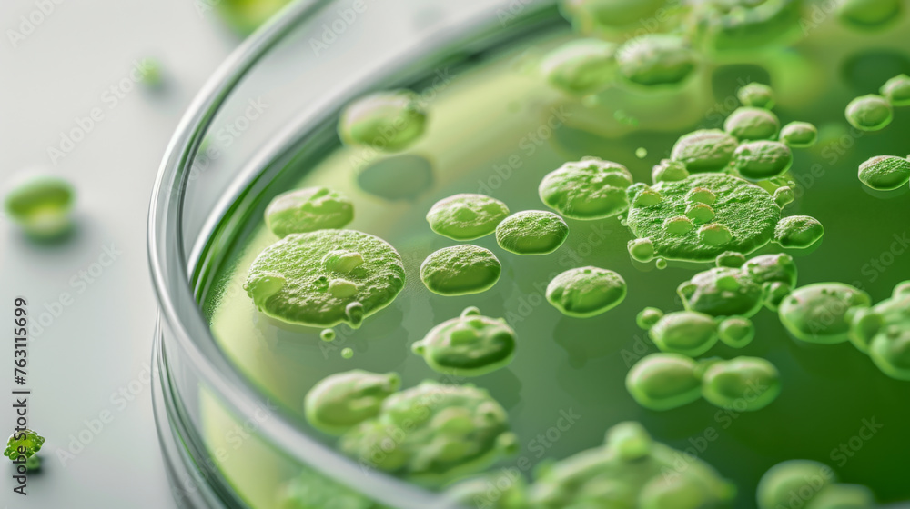 Poster petri dish with clusters of green microalgae under examination in a lab setting.
