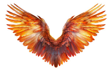 Vibrant fiery phoenix wings spread open, cut out - stock png.