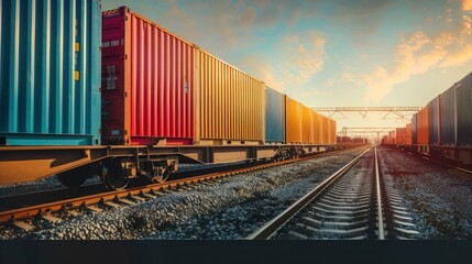 Fototapeta premium Freight train, railroad, business logistics concept, containers, photo for advertising, free background for text