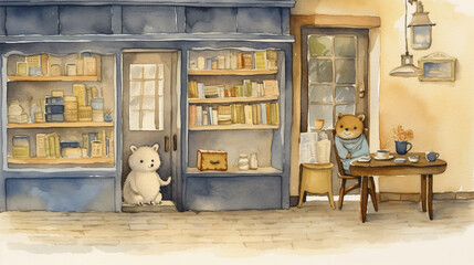 A whimsical watercolor illustration of a hamster in a cozy shop setting,watercolor, cute, elegant, cartoon