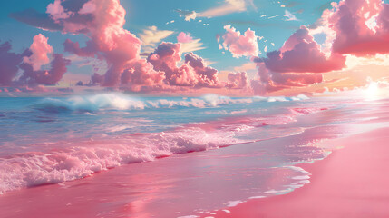 Pink coastal coast day view, with sunlight, summer, travel, dream place, paradise  