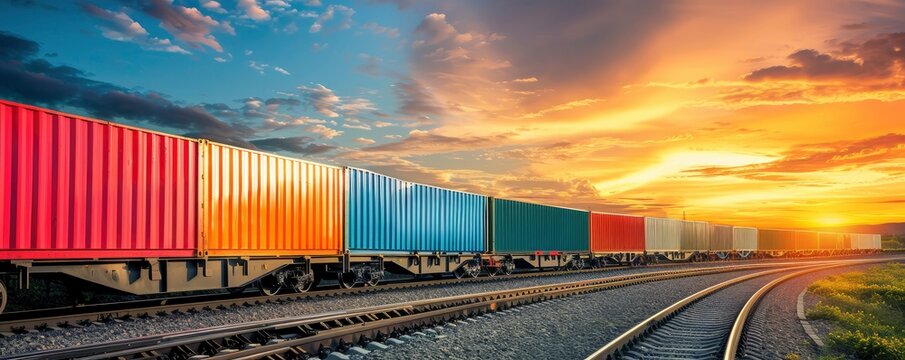 Freight train, railroad, business logistics concept, containers, photo for advertising, free background for text