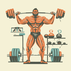 red white black modern style minimalist lines of a strong muscle pose strong body builder anatomy man at gym with bundle Doing exercises in all body positions using different gym equipment