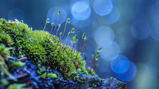Moss spores close-up with bokeh background