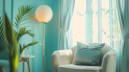 Relaxing atmosphere in psychotherapy room, modern office, nice interior, pastel calm colors, professional photo, interior photo, sharp focus, blank space for text