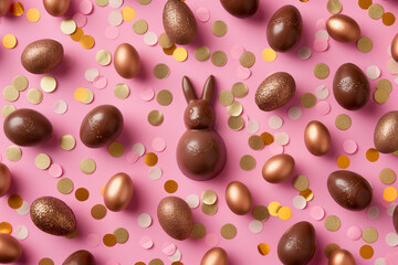 
chocolate eggs and golden confetti, and chocolate Easter bunny, top view pattern on pastel pink background. . Easter sweets