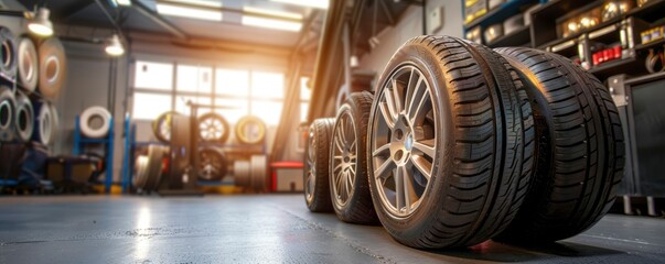 Fototapeta premium Tire service tire replacement, service room, professional photography, studio lighting