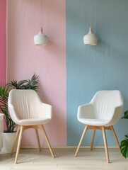 Two chairs in psychotherapy room, modern office, nice interior, pastel calm colors, professional photo, interior photo, sharp focus, blank space for text