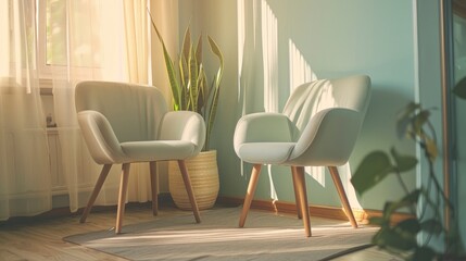 Two chairs in psychotherapy room, modern office, nice interior, pastel calm colors, professional photo, interior photo, sharp focus, blank space for text - obrazy, fototapety, plakaty