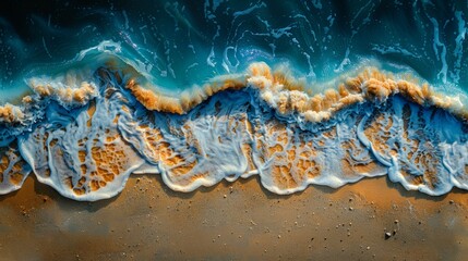 Aerial view of ocean waves crashing on a sandy beach