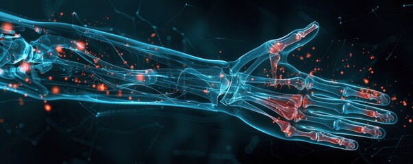 X-ray of a human's arm, with red markings of pain hotspots, 3D render, medical advertisement banner, free space for text