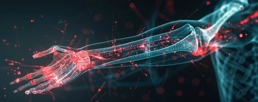 X-ray of a human's arm, with red markings of pain hotspots, 3D render, medical advertisement banner, free space for text