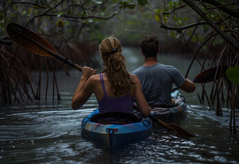 mixed race couple kayaking in the mangroves at sunrise