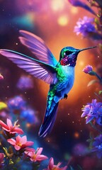 Hummingbird, starry details, starseed, celestial esoterica, neon colors, realistic, ultra 8k resolution