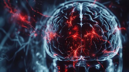 X-ray of a human's brain, with red markings of pain hotspots, 3D render, medical advertisement banner, free space for text - obrazy, fototapety, plakaty