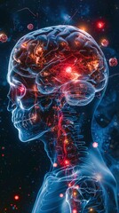 X-ray of a human's brain, with red markings of pain hotspots, 3D render, medical advertisement banner, free space for text