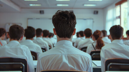 A teacher's back view with rows of students in uniforms facing a blackboard.