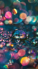 Close-up of colorful water droplet with bokeh effect