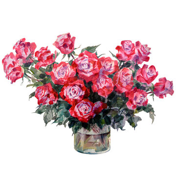 Watercolor illustration of bouquet of red roses flowers.