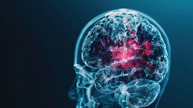 X-ray of a human's brain, with red markings of pain hotspots, 3D render, medical advertisement banner, free space for text