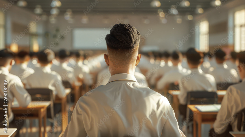 Poster a teacher's back view with rows of students in uniforms facing a blackboard.