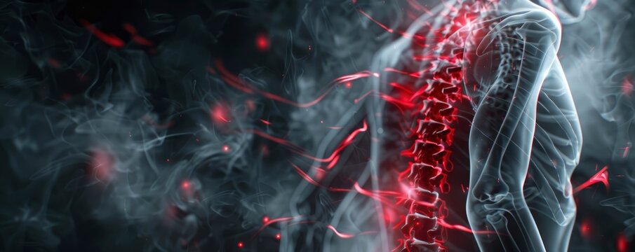 X-ray of a human's spine, with red markings of pain hotspots, 3D render, medical advertisement banner, free space for text