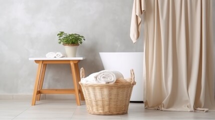 Clothes in laundry basket isolated in bathroom background.