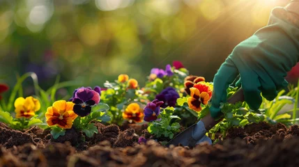 Fototapeten A gloved hand is planting vibrant pansies in the garden soil. © MP Studio