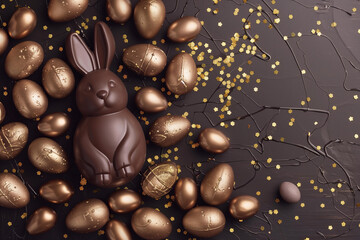 chocolate eggs and golden confetti, and chocolate Easter bunny, top view pattern on brown background. . Easter sweets