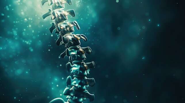 X-ray spine of a human 3D render, medical advertisement banner, free space for text