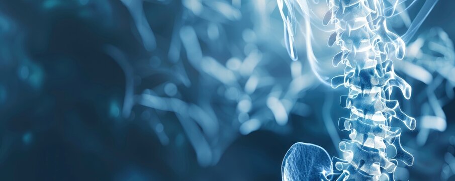 X-ray spine of a human 3D render, medical advertisement banner, free space for text