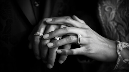 Two hands with wedding and engagement rings gently touch, symbolizing union.