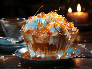 ice cream bowl with sugar syrup pouring over it