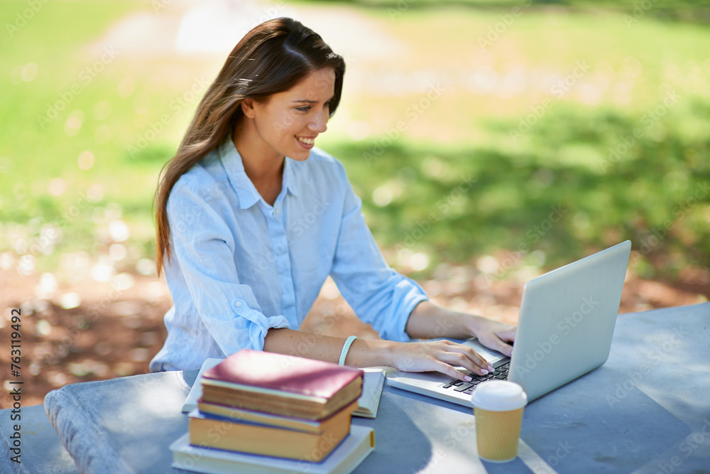 Canvas Prints Laptop, happy woman and books at university campus for studying, learning or assignment research. Pc, search or gen z female student outdoor with notebook for college, education or homework project