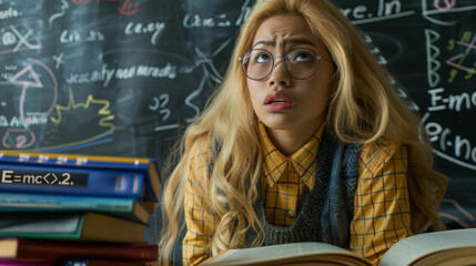 A concerned student stands in front of a chalkboard filled with complex equations.